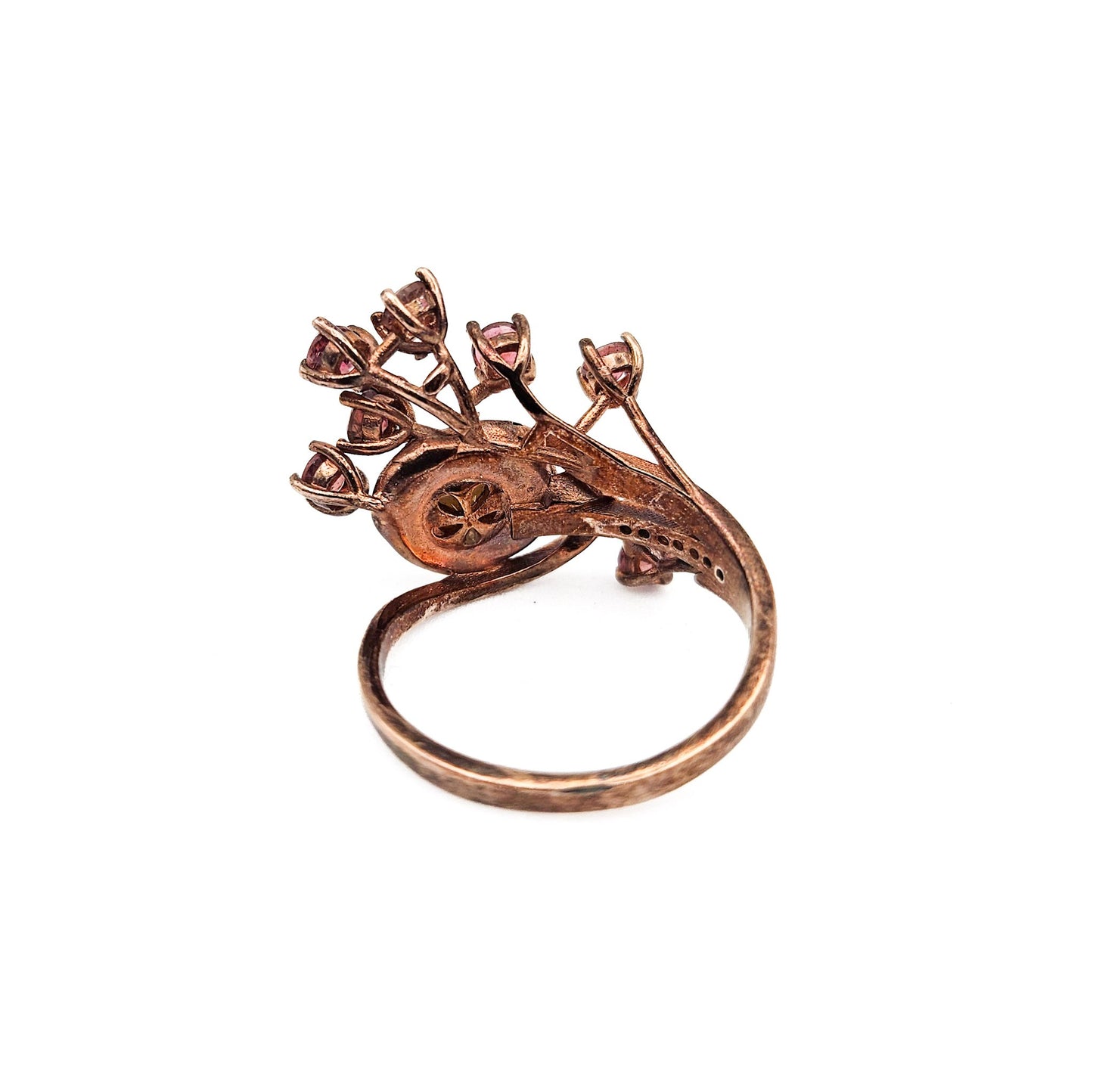 Sterling Silver Floral Spray Ring with Pearl & Pink Stones | Mid-Century