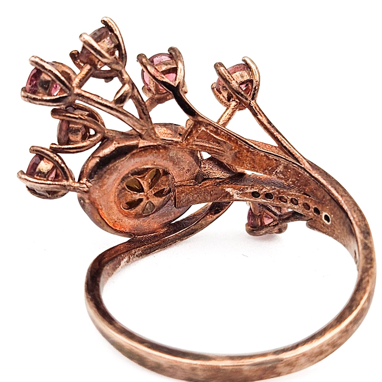 Sterling Silver Floral Spray Ring with Pearl & Pink Stones | Mid-Century