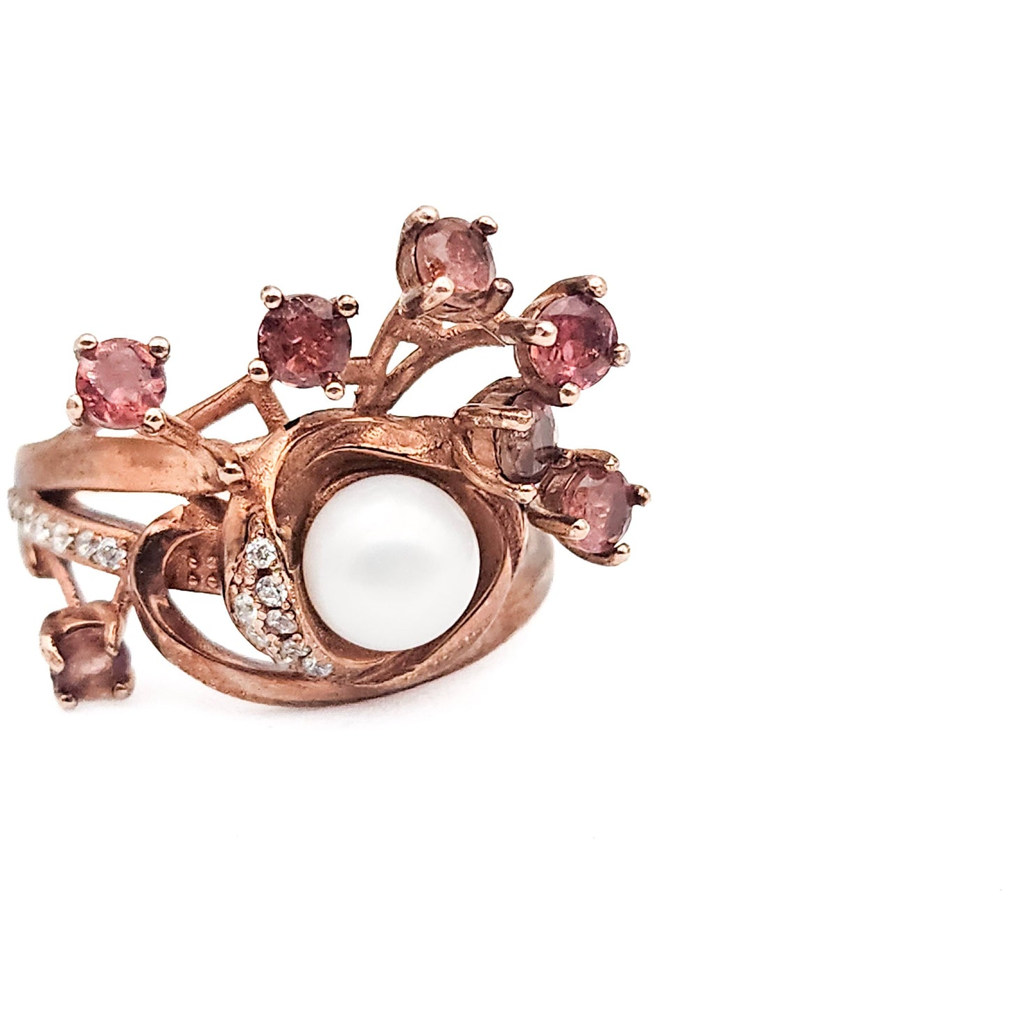 Sterling Silver Floral Spray Ring with Pearl & Pink Stones | Mid-Century