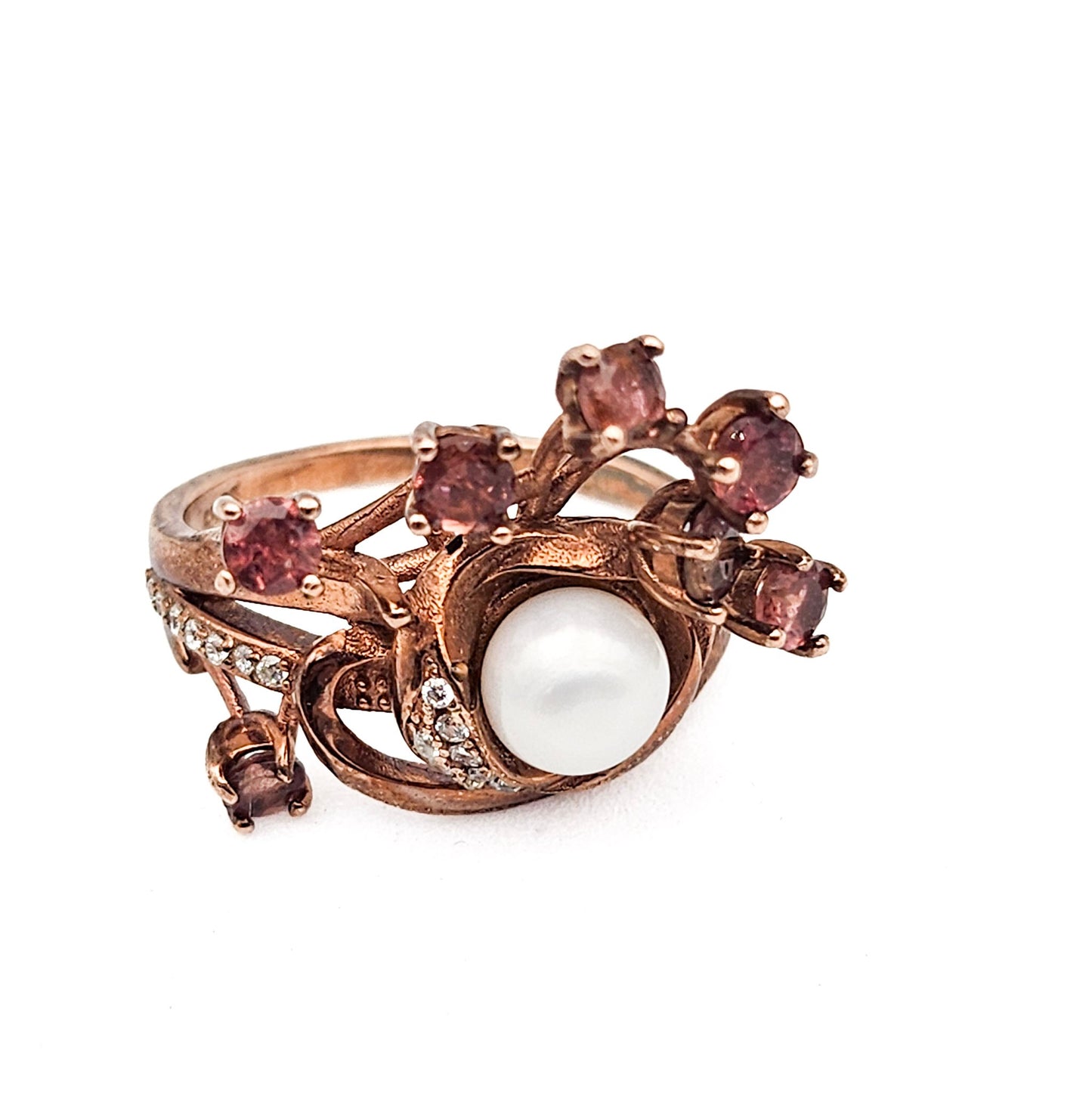 Sterling Silver Floral Spray Ring with Pearl & Pink Stones | Mid-Century