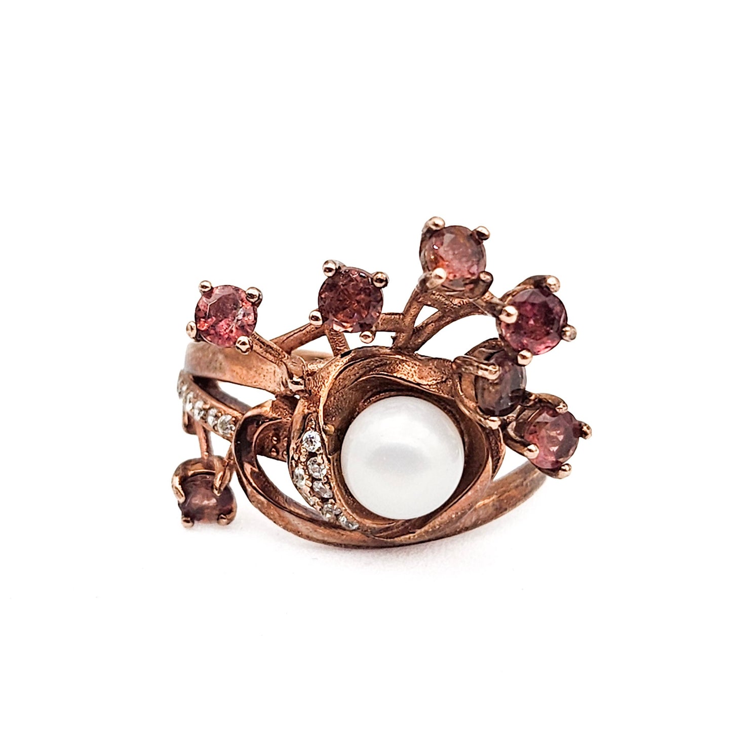Sterling Silver Floral Spray Ring with Pearl & Pink Stones | Mid-Century