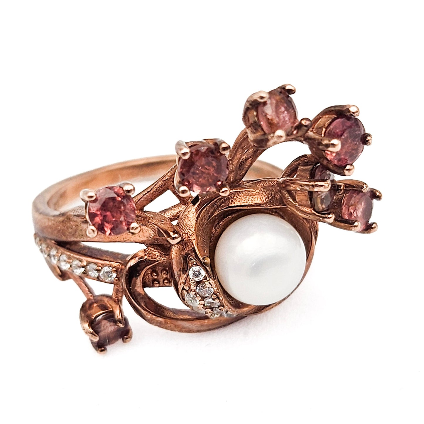 Sterling Silver Floral Spray Ring with Pearl & Pink Stones | Mid-Century