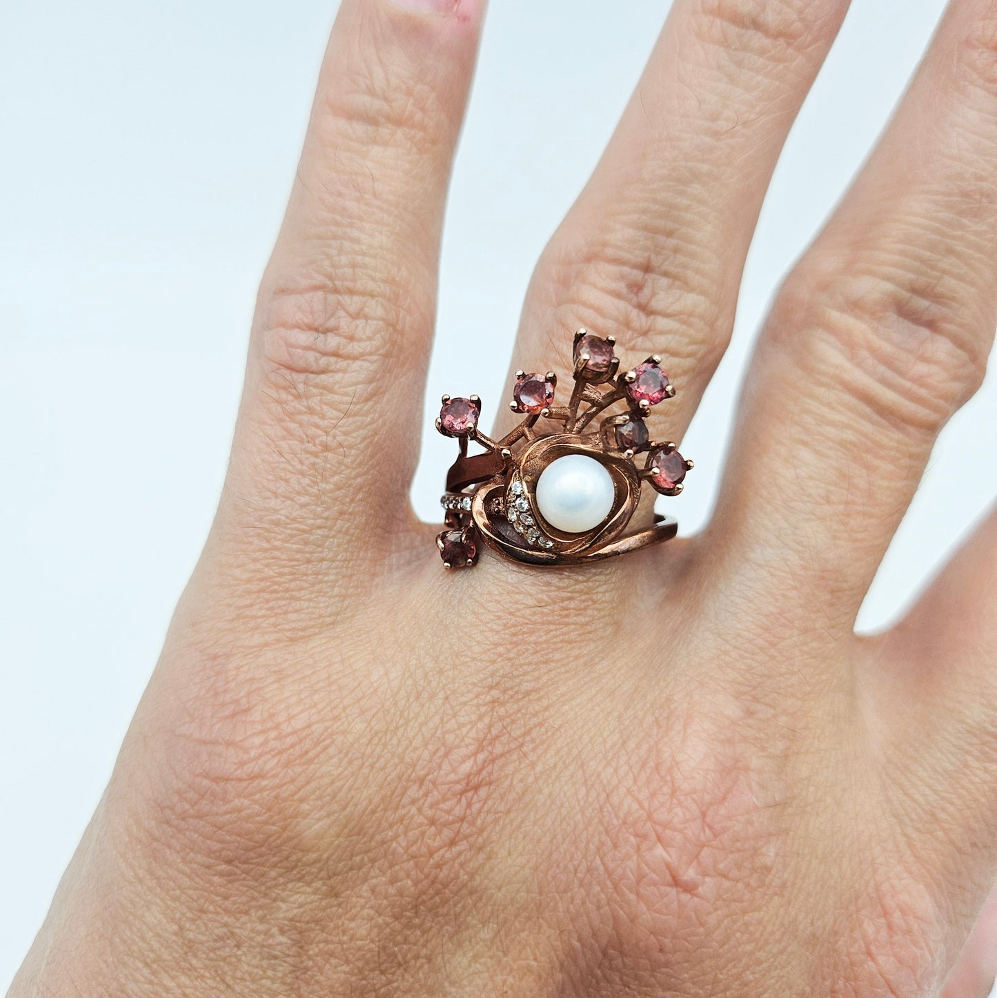 Sterling Silver Floral Spray Ring with Pearl & Pink Stones | Mid-Century