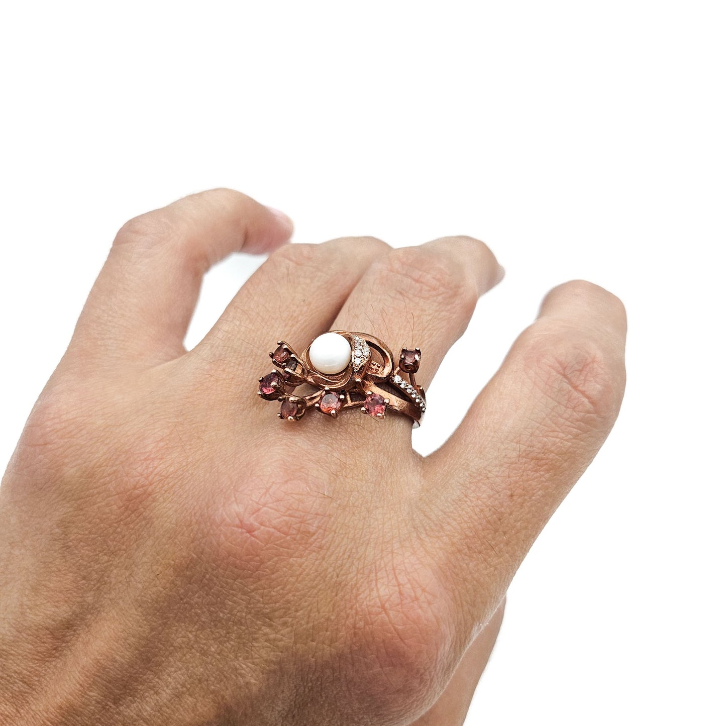 Sterling Silver Floral Spray Ring with Pearl & Pink Stones | Mid-Century