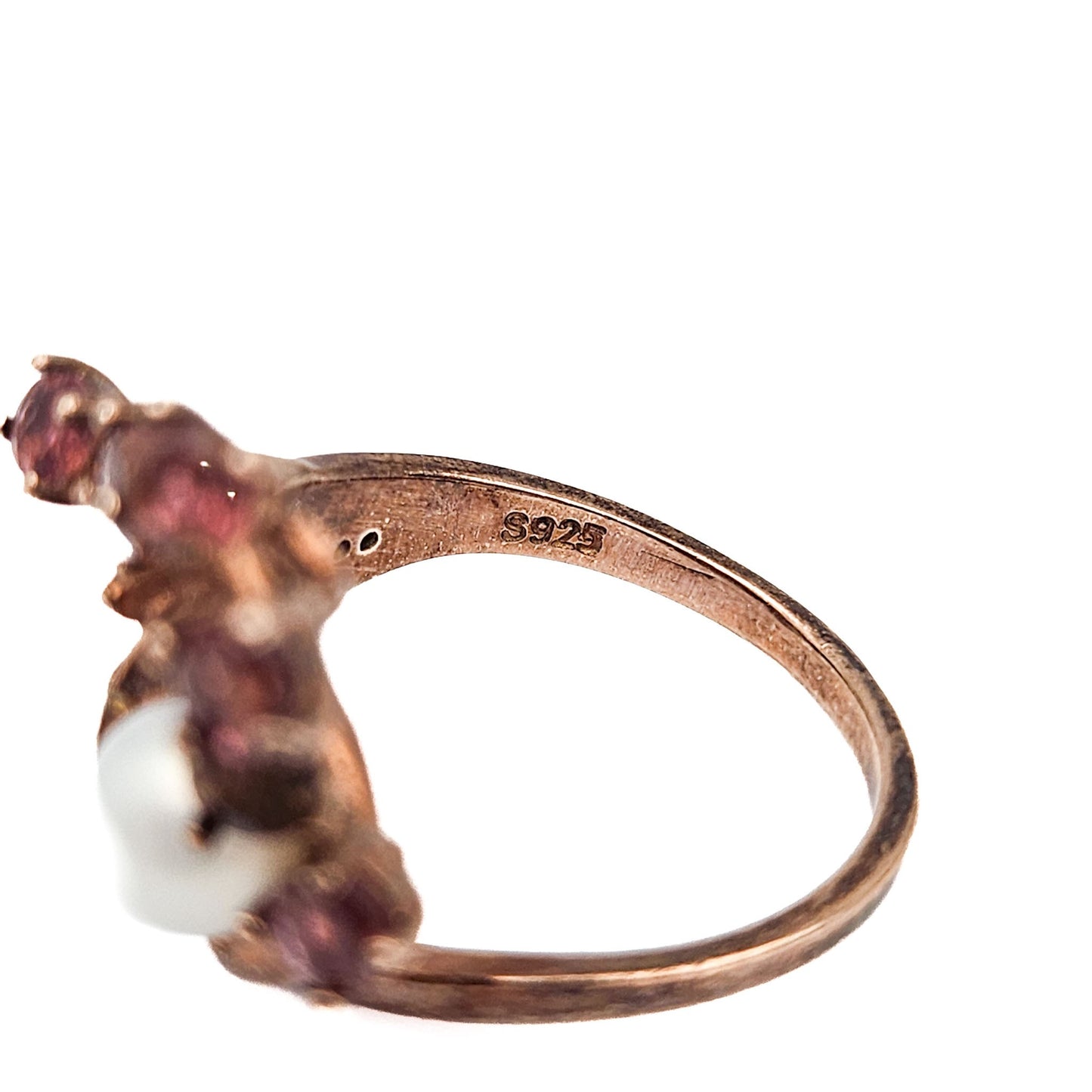 Sterling Silver Floral Spray Ring with Pearl & Pink Stones | Mid-Century