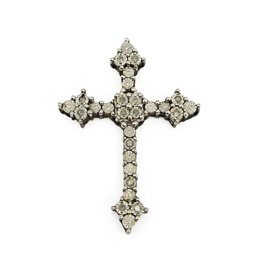 Sterling Silver Diamond Cross Pendant | Ornate Estate Religious Jewelry