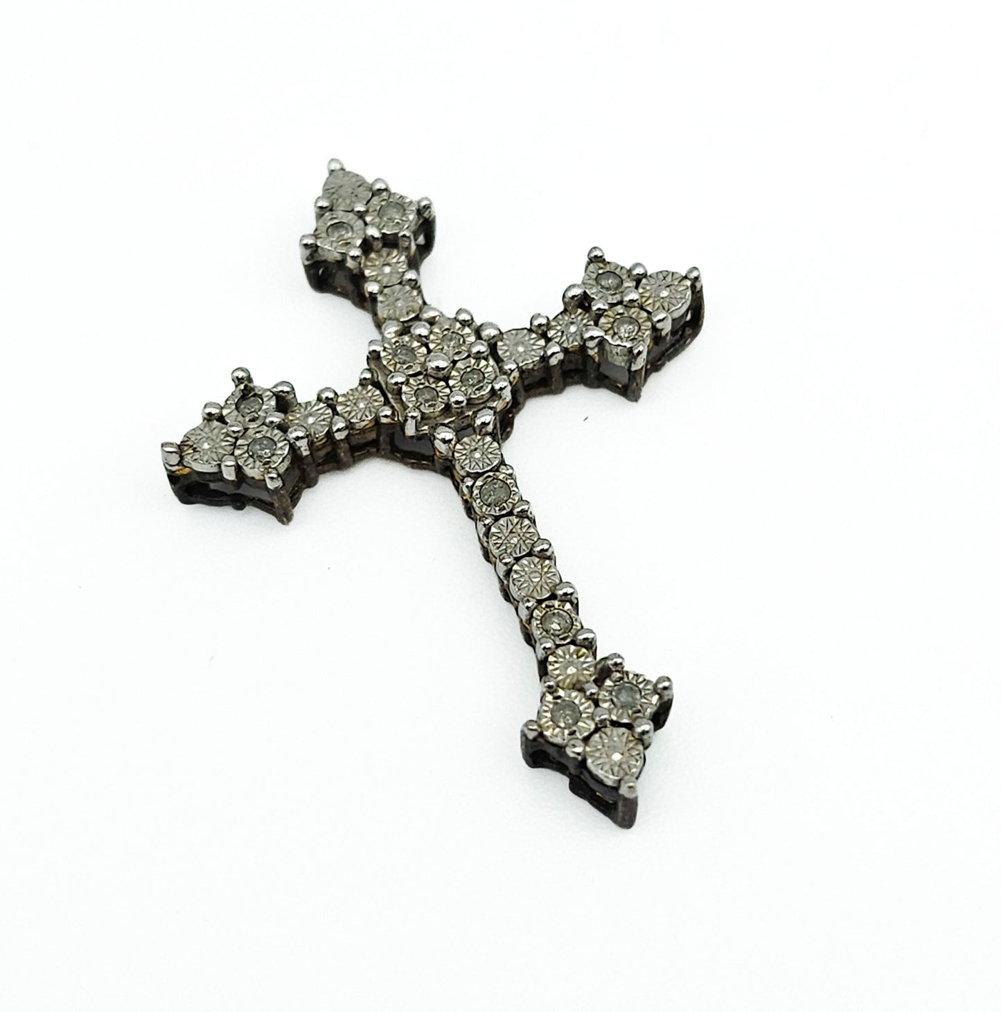 Sterling Silver Diamond Cross Pendant | Ornate Estate Religious Jewelry