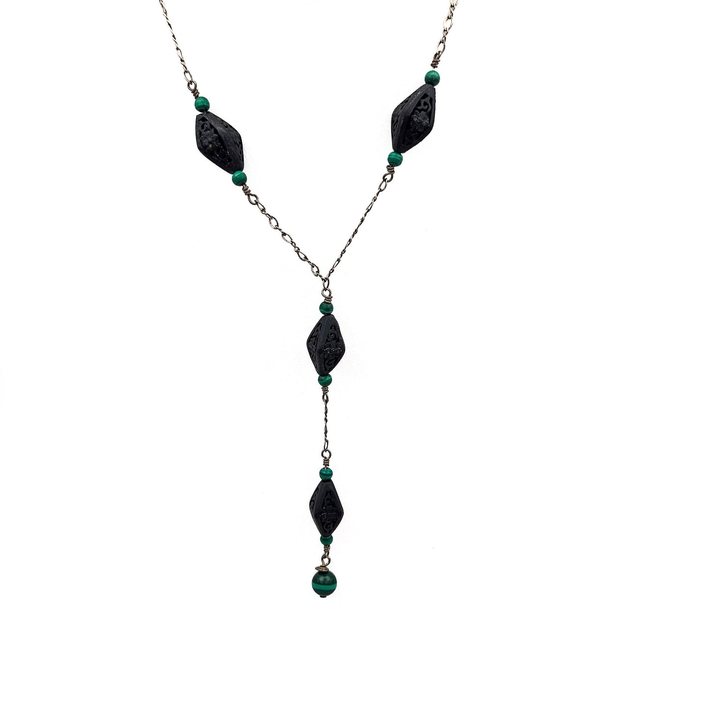 Vintage Black Cinnabar & Malachite Sterling Silver Y Necklace | Sterling Silver Art Deco Style Jewelry