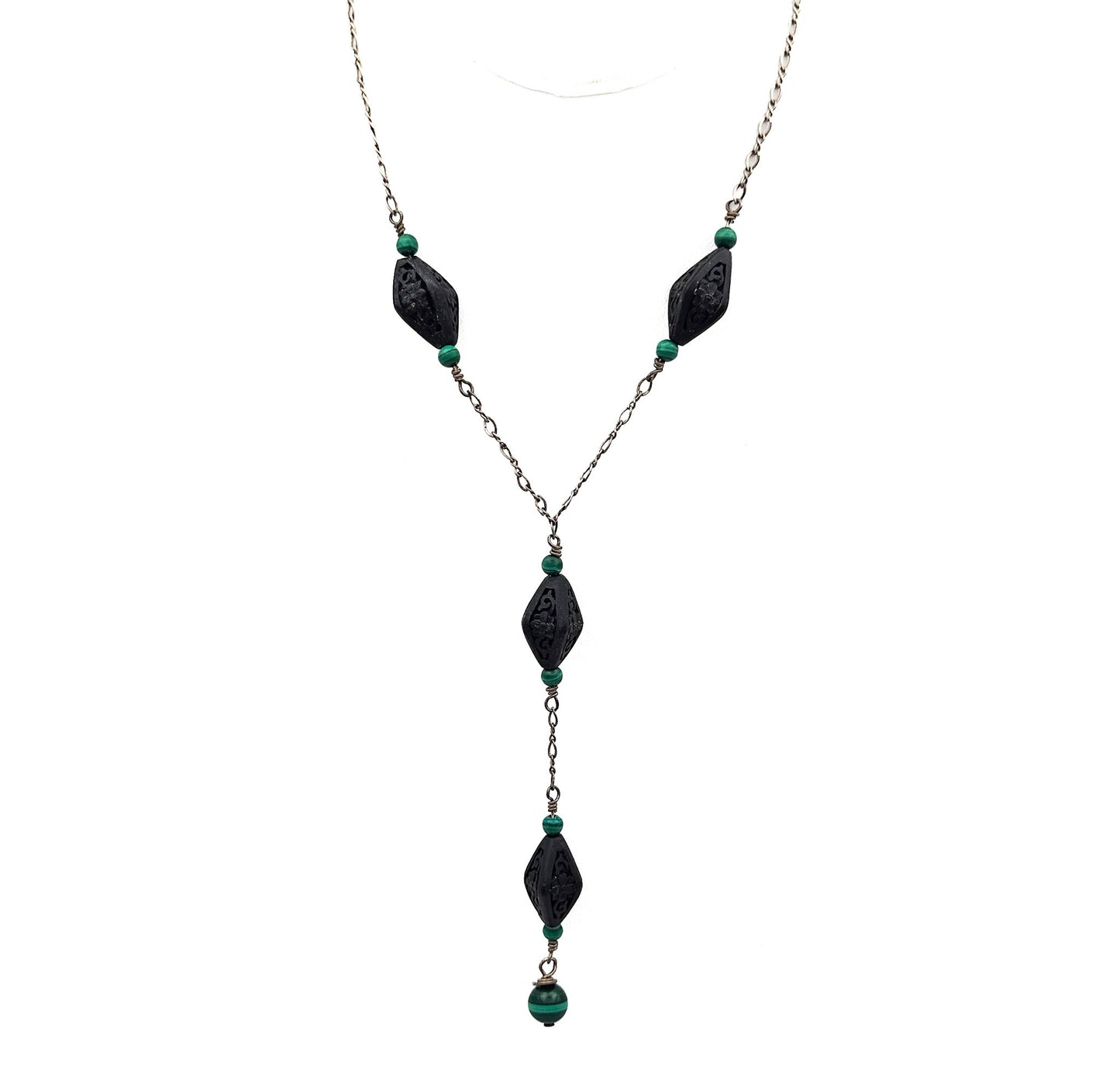 Vintage Black Cinnabar & Malachite Sterling Silver Y Necklace | Sterling Silver Art Deco Style Jewelry