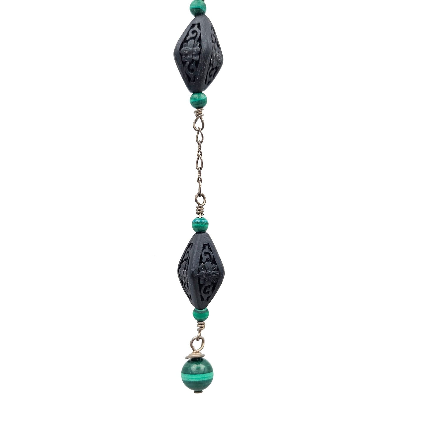Vintage Black Cinnabar & Malachite Sterling Silver Y Necklace | Sterling Silver Art Deco Style Jewelry