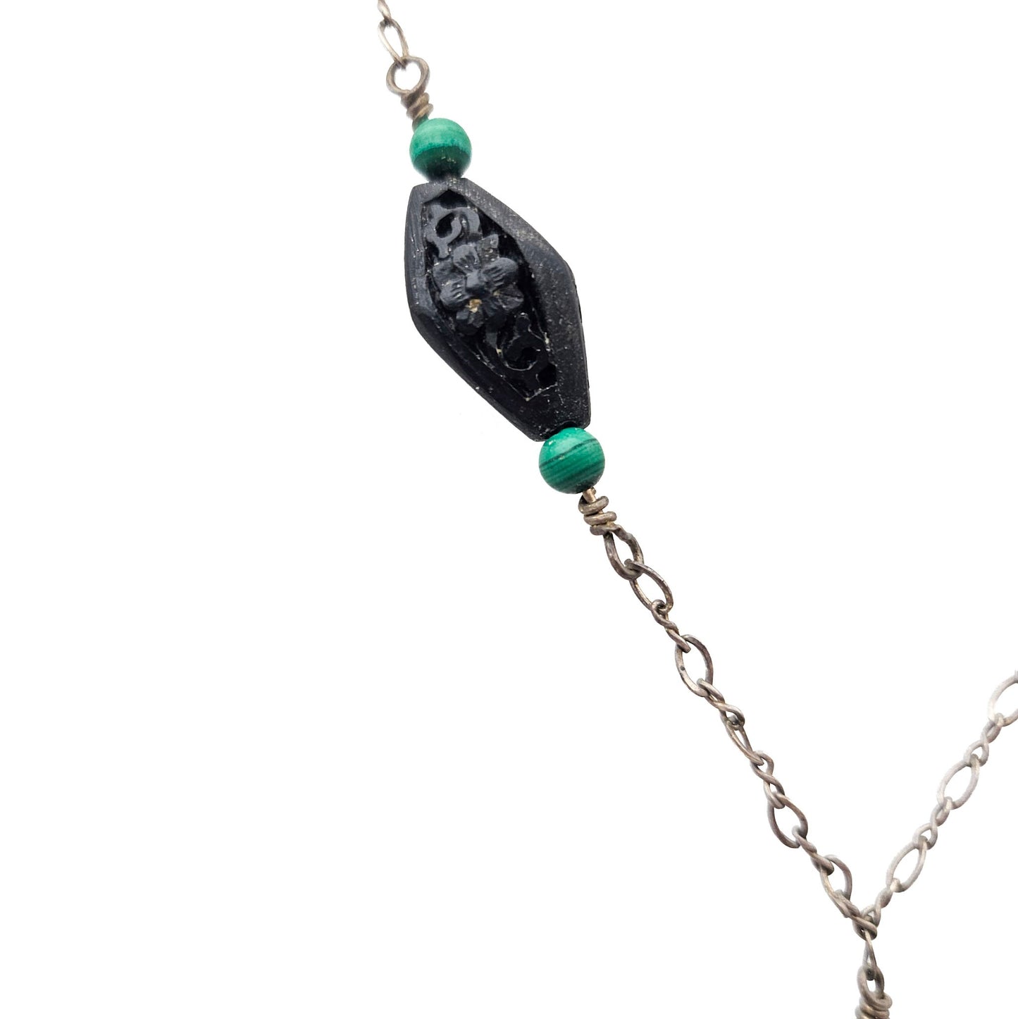 Vintage Black Cinnabar & Malachite Sterling Silver Y Necklace | Sterling Silver Art Deco Style Jewelry