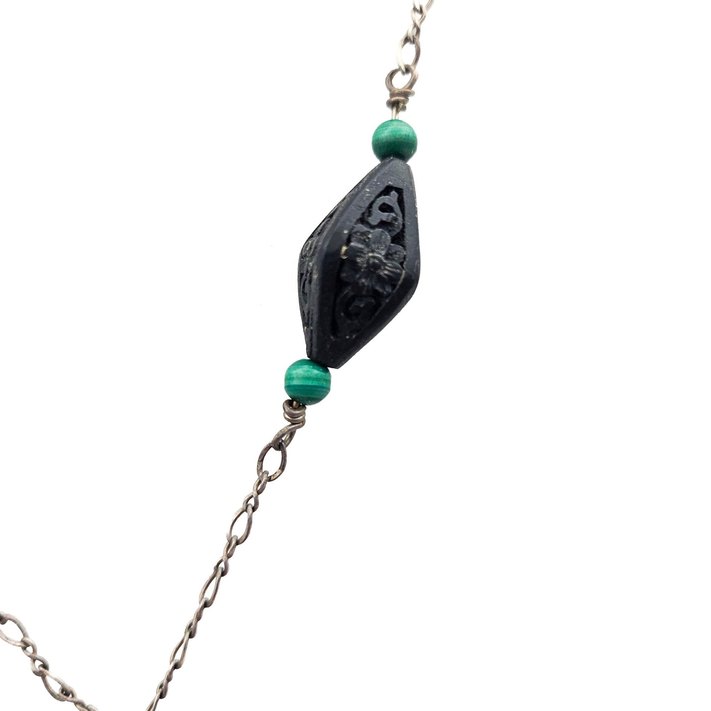 Vintage Black Cinnabar & Malachite Sterling Silver Y Necklace | Sterling Silver Art Deco Style Jewelry