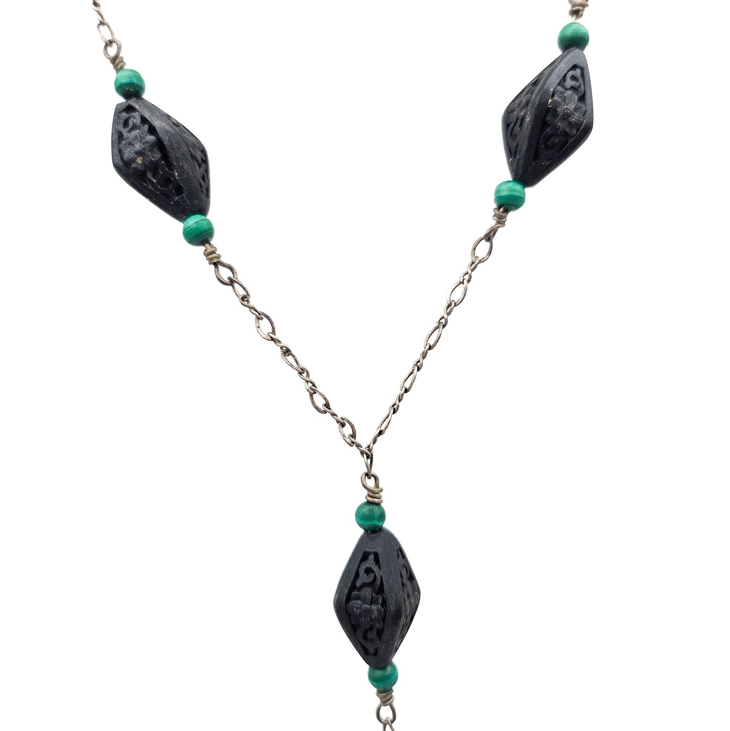 Vintage Black Cinnabar & Malachite Sterling Silver Y Necklace | Sterling Silver Art Deco Style Jewelry