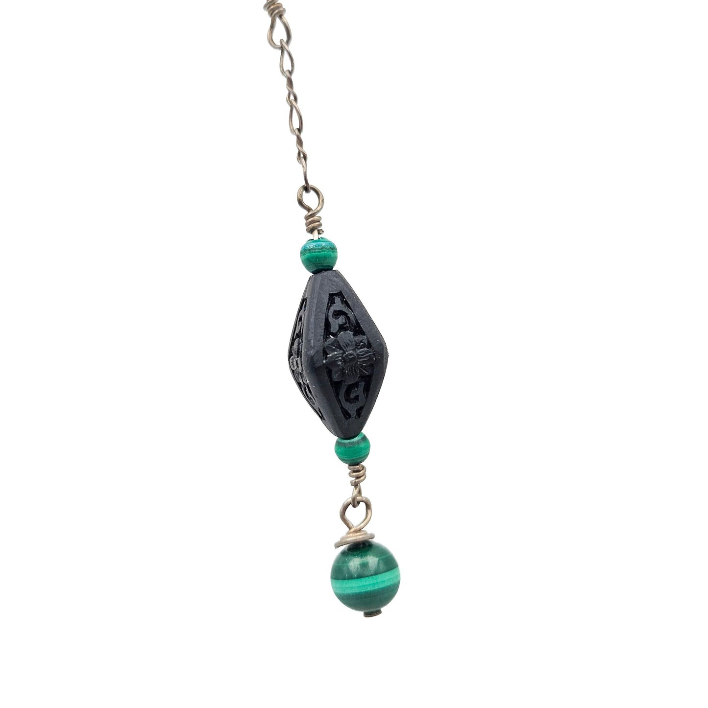 Vintage Black Cinnabar & Malachite Sterling Silver Y Necklace | Sterling Silver Art Deco Style Jewelry