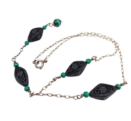 Vintage Black Cinnabar & Malachite Sterling Silver Y Necklace | Sterling Silver Art Deco Style Jewelry