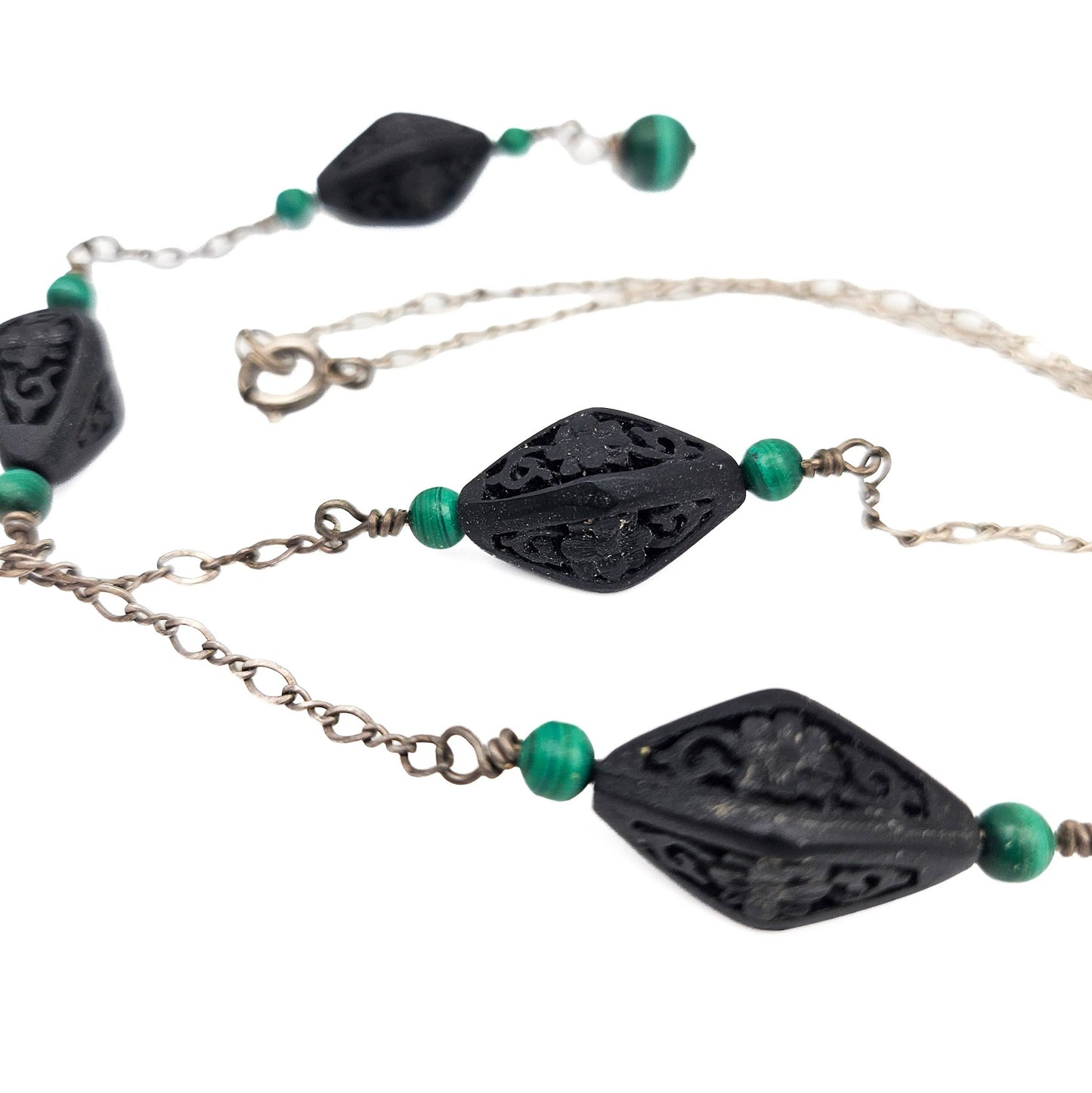 Vintage Black Cinnabar & Malachite Sterling Silver Y Necklace | Sterling Silver Art Deco Style Jewelry