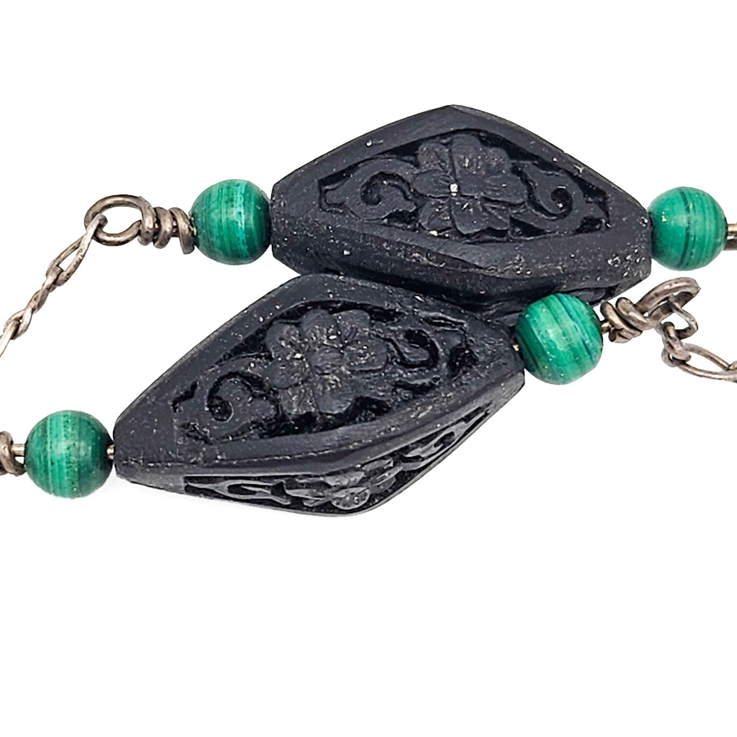 Vintage Black Cinnabar & Malachite Sterling Silver Y Necklace | Sterling Silver Art Deco Style Jewelry