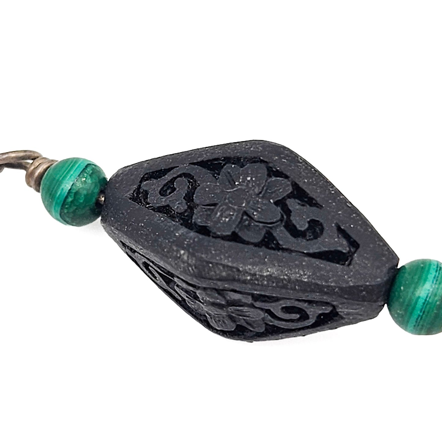 Vintage Black Cinnabar & Malachite Sterling Silver Y Necklace | Sterling Silver Art Deco Style Jewelry