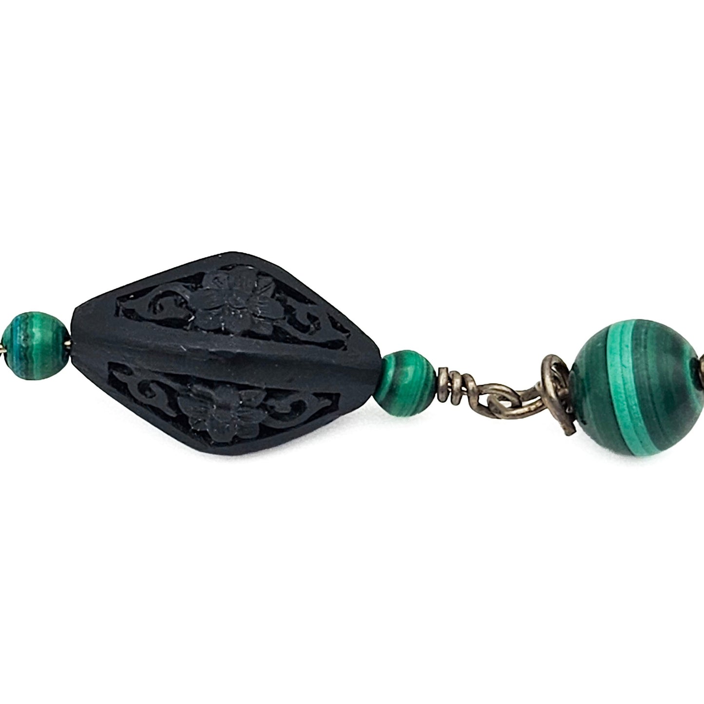 Vintage Black Cinnabar & Malachite Sterling Silver Y Necklace | Sterling Silver Art Deco Style Jewelry