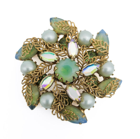 Kramer of NY Signed Vintage Rhinestone Brooch | Green Givre Art Glass Midcentury Jewelry