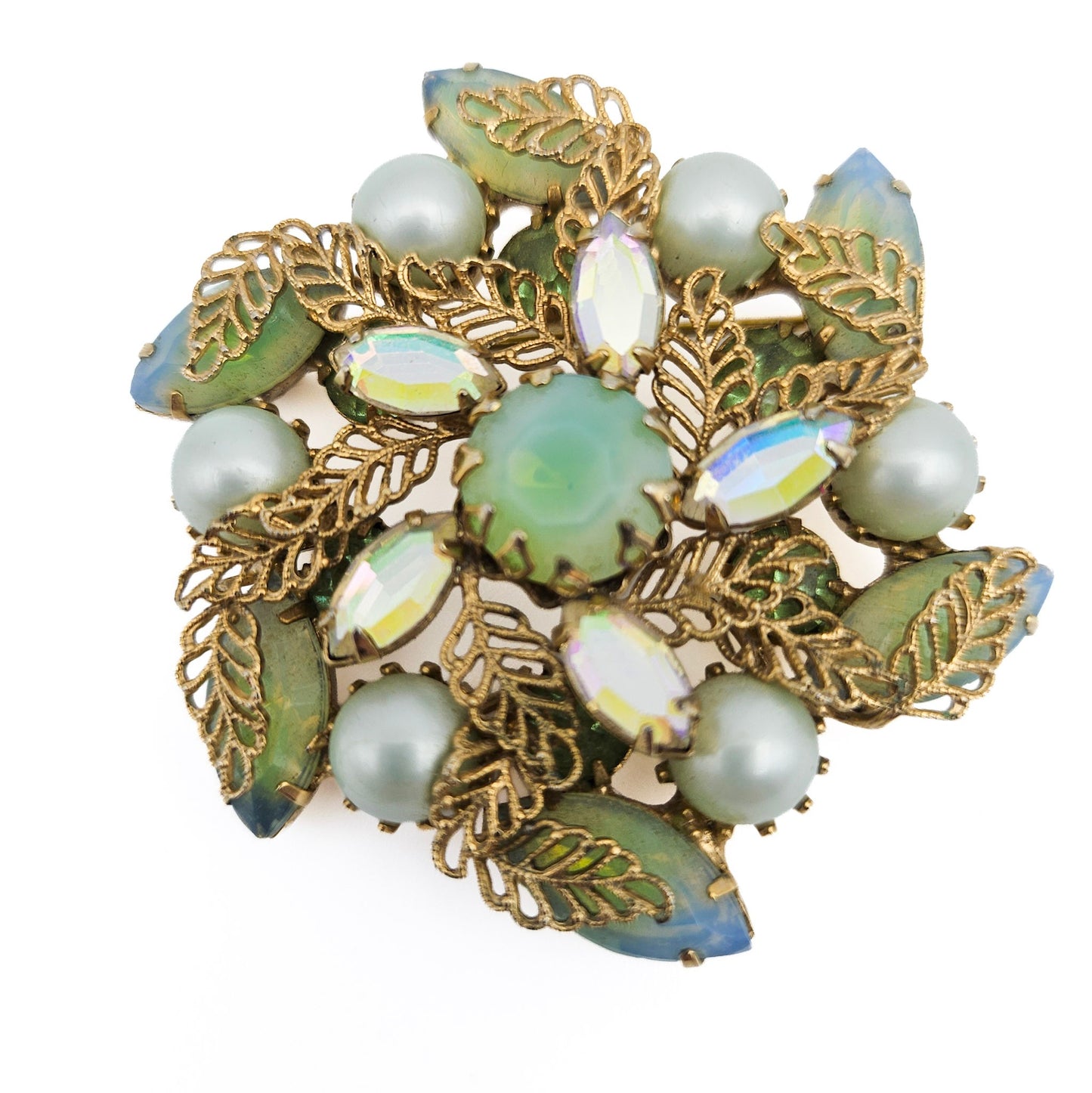 Kramer of NY Signed Vintage Rhinestone Brooch | Green Givre Art Glass Midcentury Jewelry