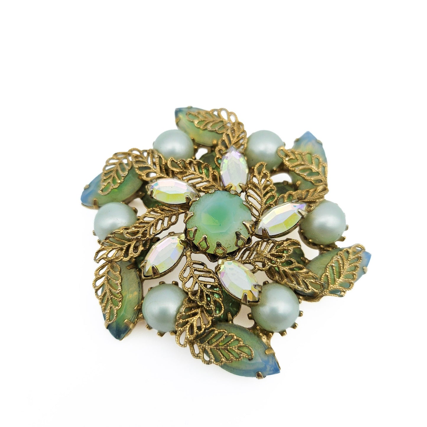 Kramer of NY Signed Vintage Rhinestone Brooch | Green Givre Art Glass Midcentury Jewelry