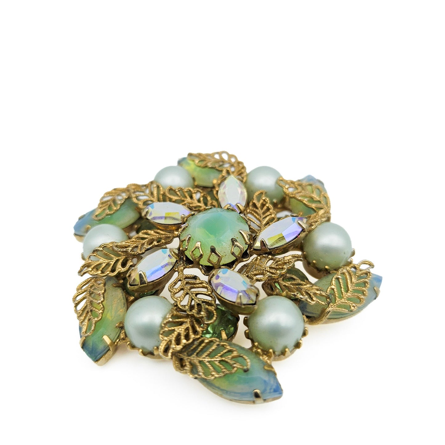 Kramer of NY Signed Vintage Rhinestone Brooch | Green Givre Art Glass Midcentury Jewelry