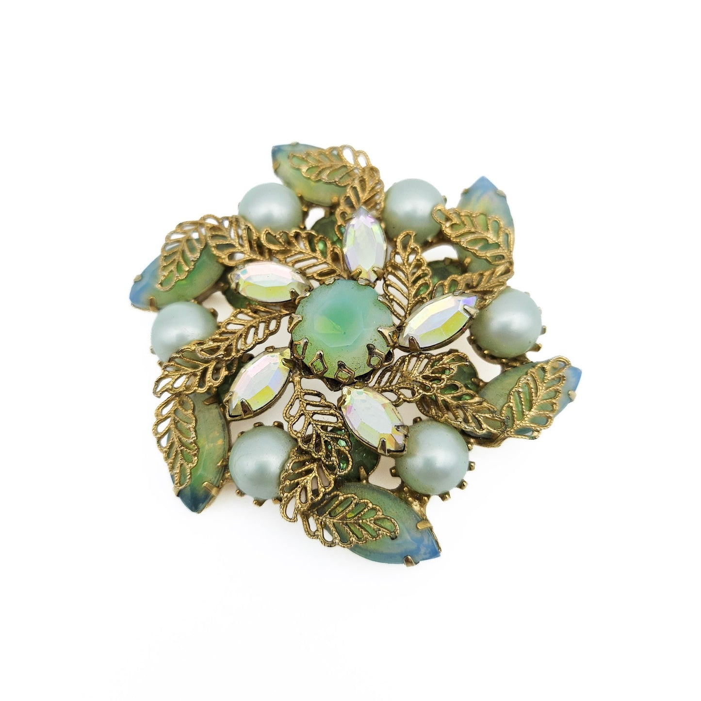 Kramer of NY Signed Vintage Rhinestone Brooch | Green Givre Art Glass Midcentury Jewelry