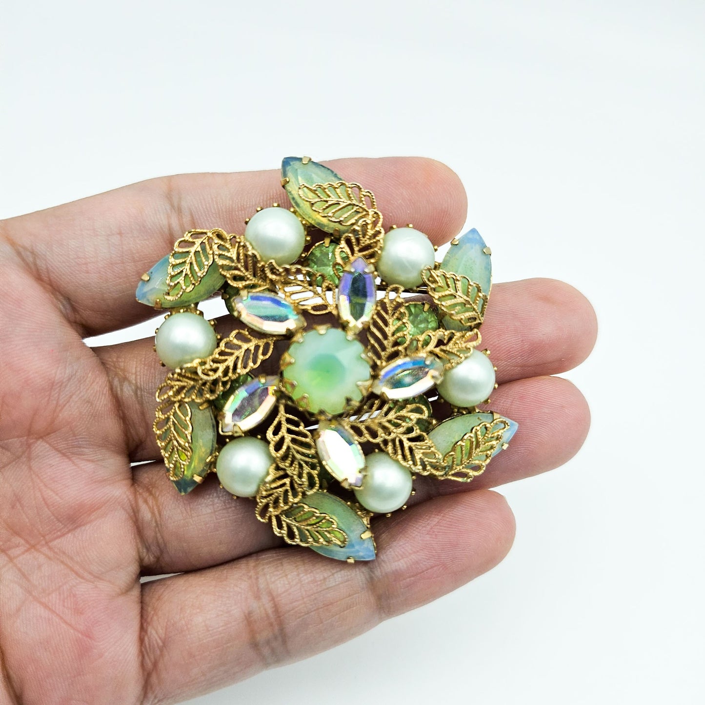 Kramer of NY Signed Vintage Rhinestone Brooch | Green Givre Art Glass Midcentury Jewelry
