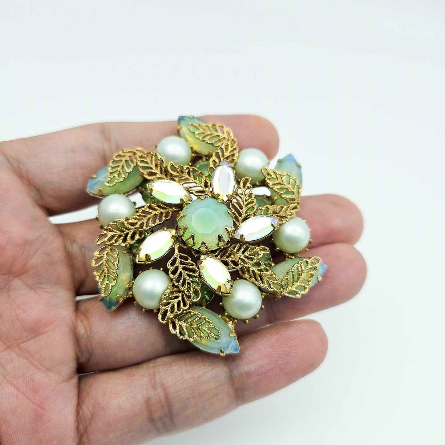 Kramer of NY Signed Vintage Rhinestone Brooch | Green Givre Art Glass Midcentury Jewelry