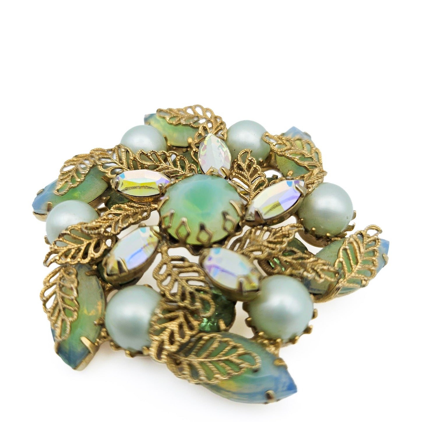 Kramer of NY Signed Vintage Rhinestone Brooch | Green Givre Art Glass Midcentury Jewelry