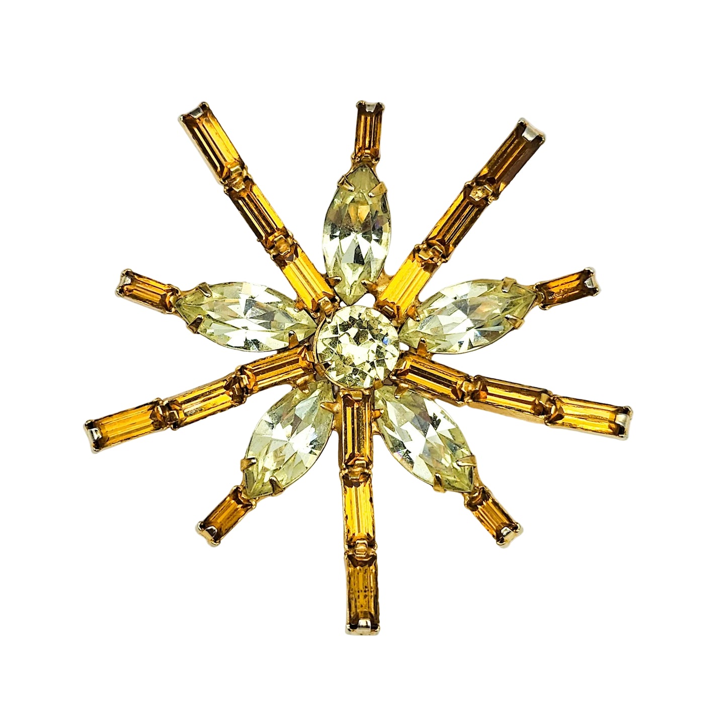 Signed Kramer Amber Rhinestone Starburst Brooch | Mid-Century Jewelry