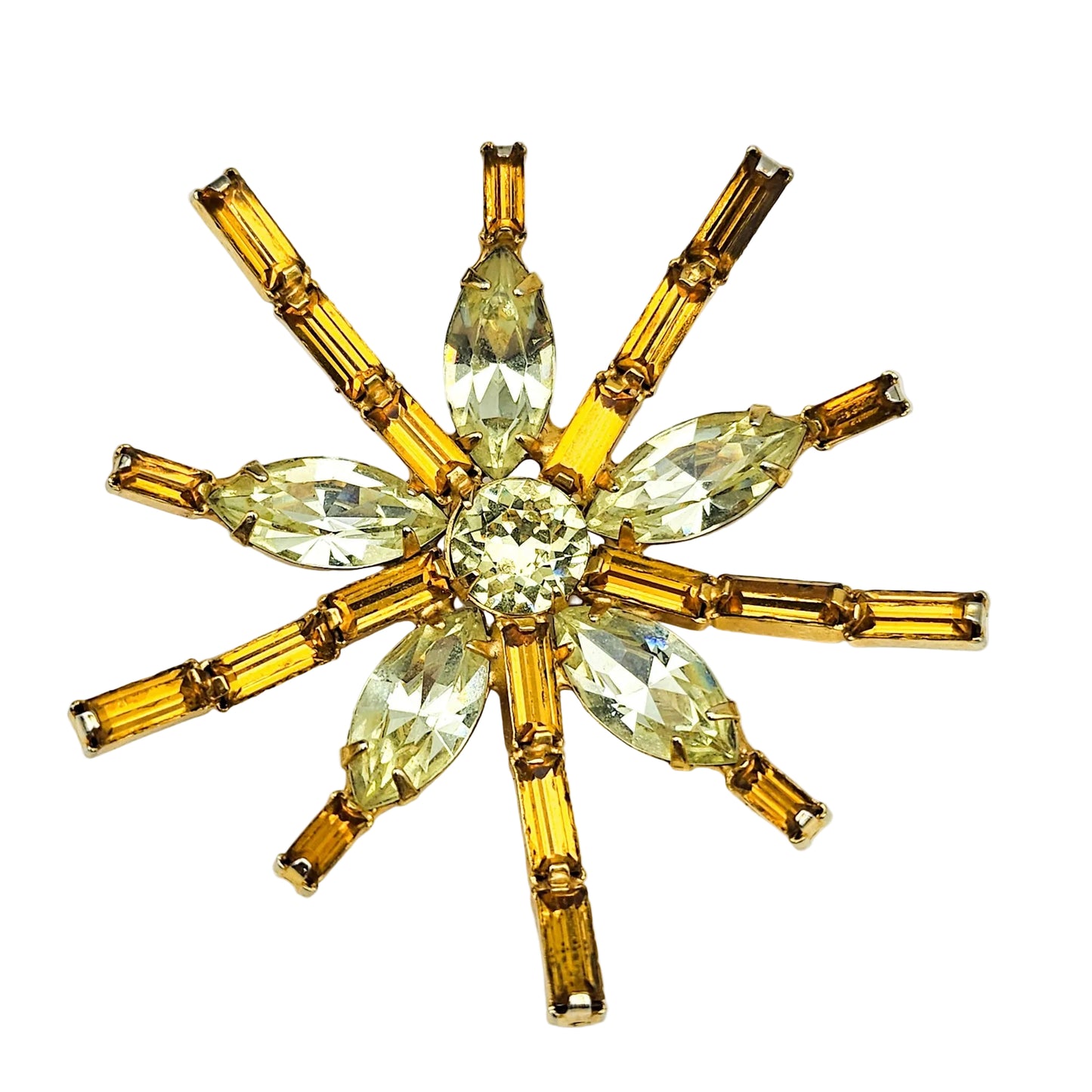 Signed Kramer Amber Rhinestone Starburst Brooch | Mid-Century Jewelry