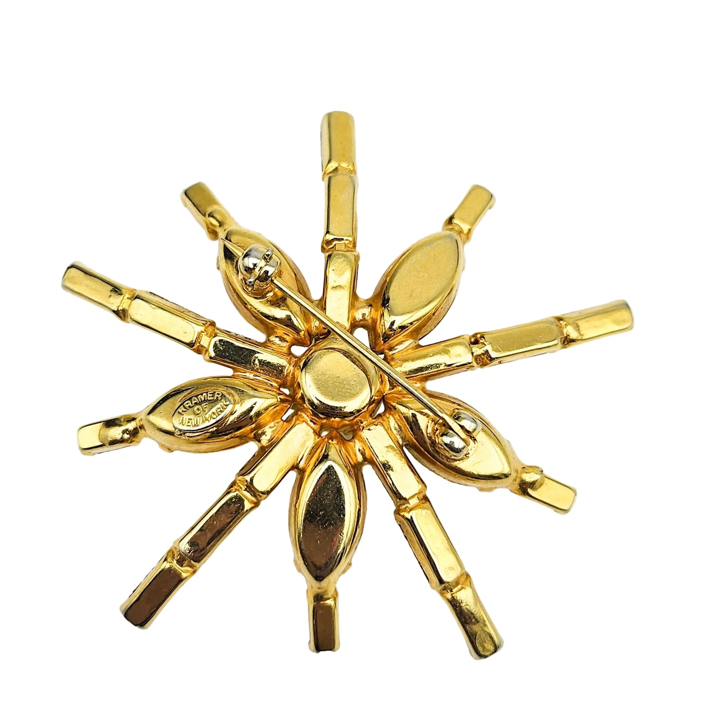 Signed Kramer Amber Rhinestone Starburst Brooch | Mid-Century Jewelry