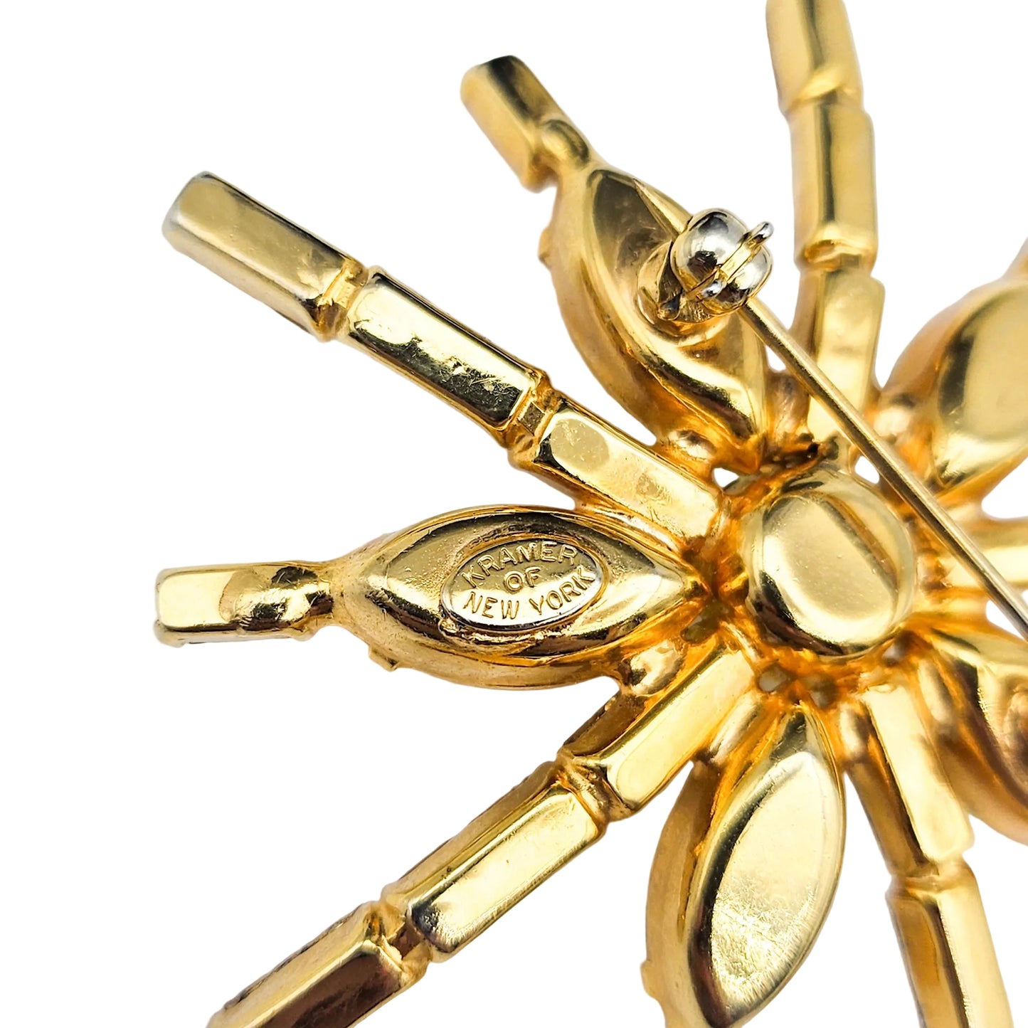 Signed Kramer Amber Rhinestone Starburst Brooch | Mid-Century Jewelry