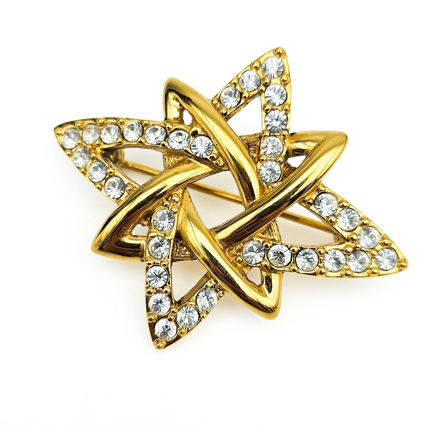 Signed Monet Double Star Rhinestone Brooch | Gold-Tone Vintage Jewelry