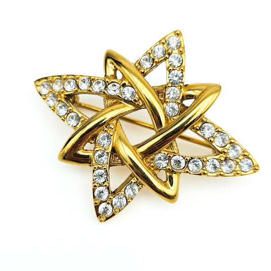 Signed Monet Double Star Rhinestone Brooch | Gold-Tone Vintage Jewelry