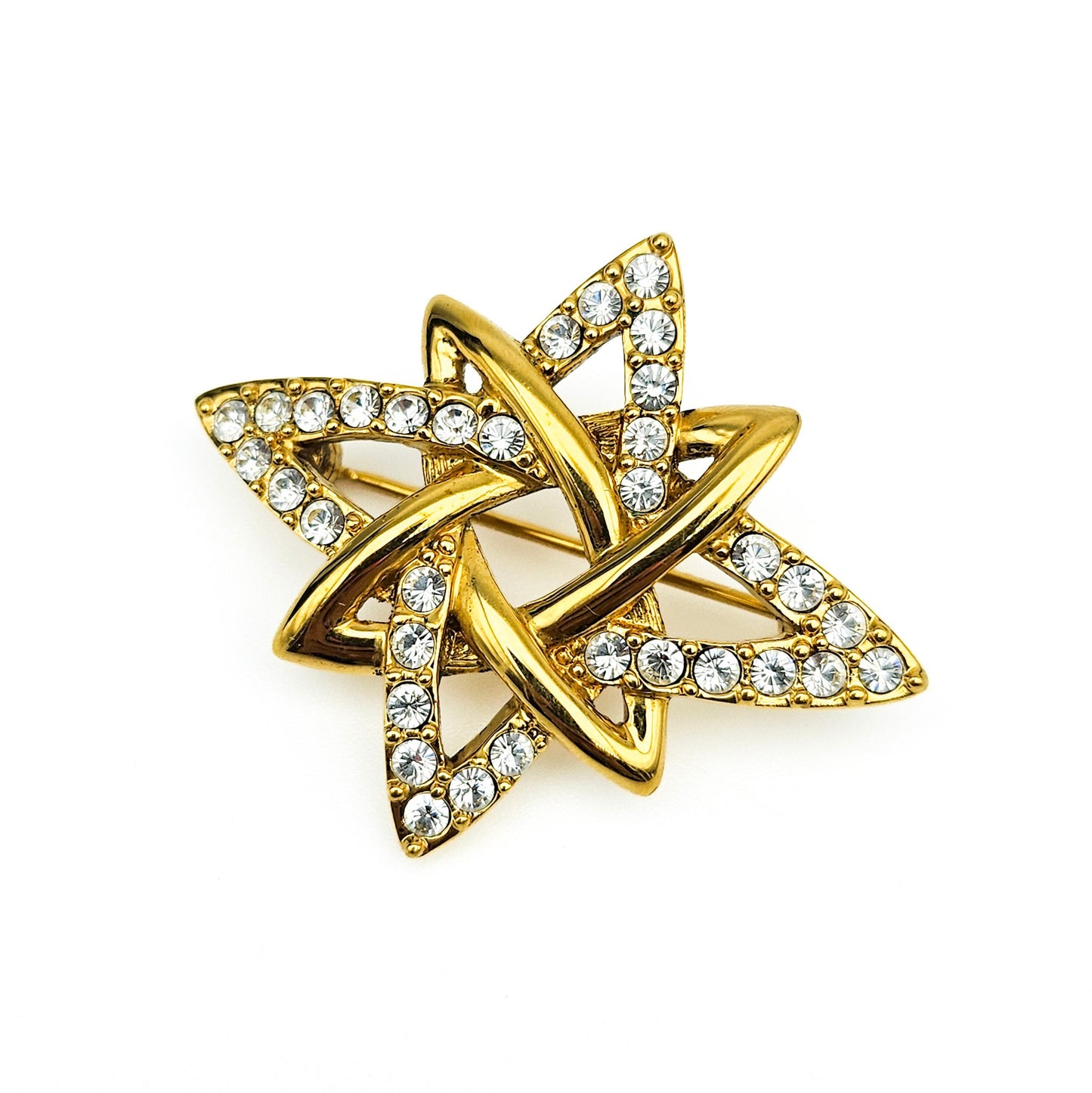 Signed Monet Double Star Rhinestone Brooch | Gold-Tone Vintage Jewelry