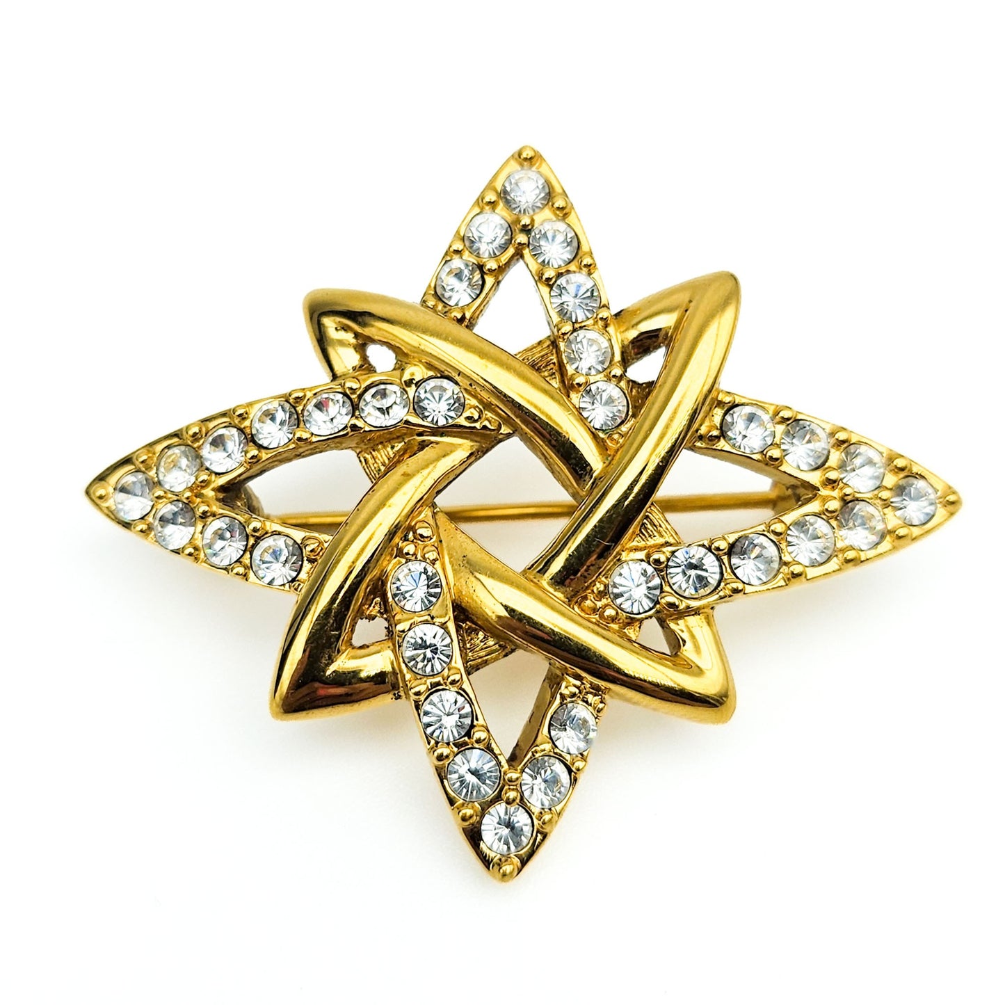 Signed Monet Double Star Rhinestone Brooch | Gold-Tone Vintage Jewelry