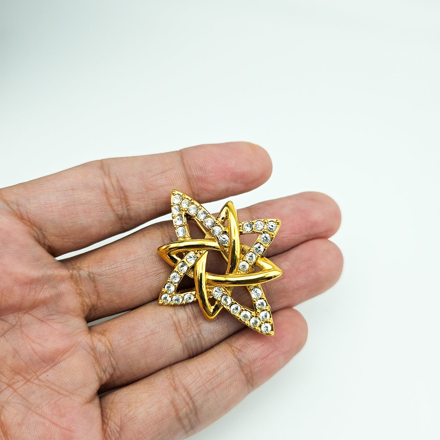 Signed Monet Double Star Rhinestone Brooch | Gold-Tone Vintage Jewelry