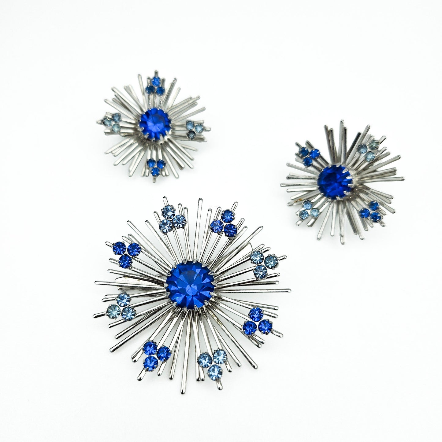 Sarah Coventry Blue Rhinestone Starburst Brooch & Earrings Set | Signed Mid-Century Jewelry