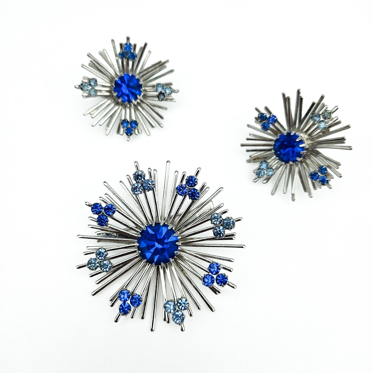 Sarah Coventry Blue Rhinestone Starburst Brooch & Earrings Set | Signed Mid-Century Jewelry