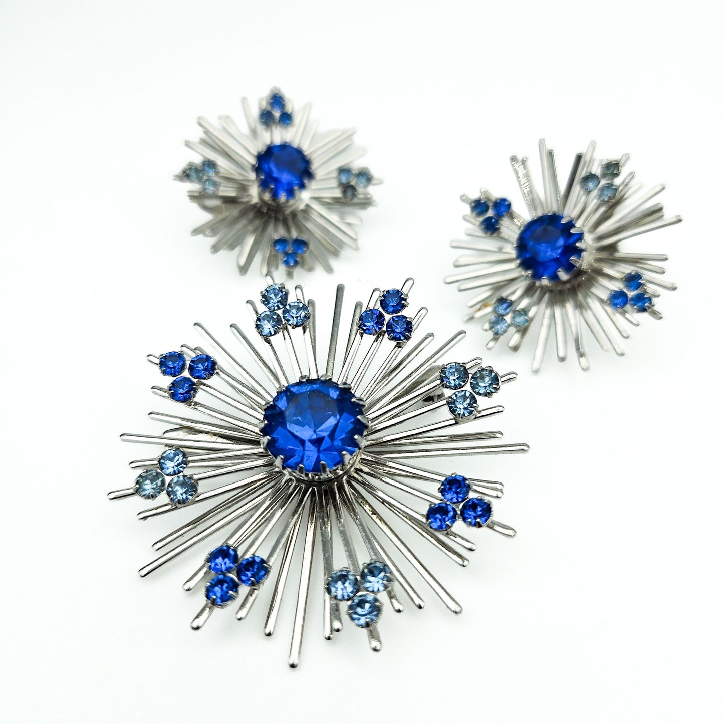Sarah Coventry Blue Rhinestone Starburst Brooch & Earrings Set | Signed Mid-Century Jewelry
