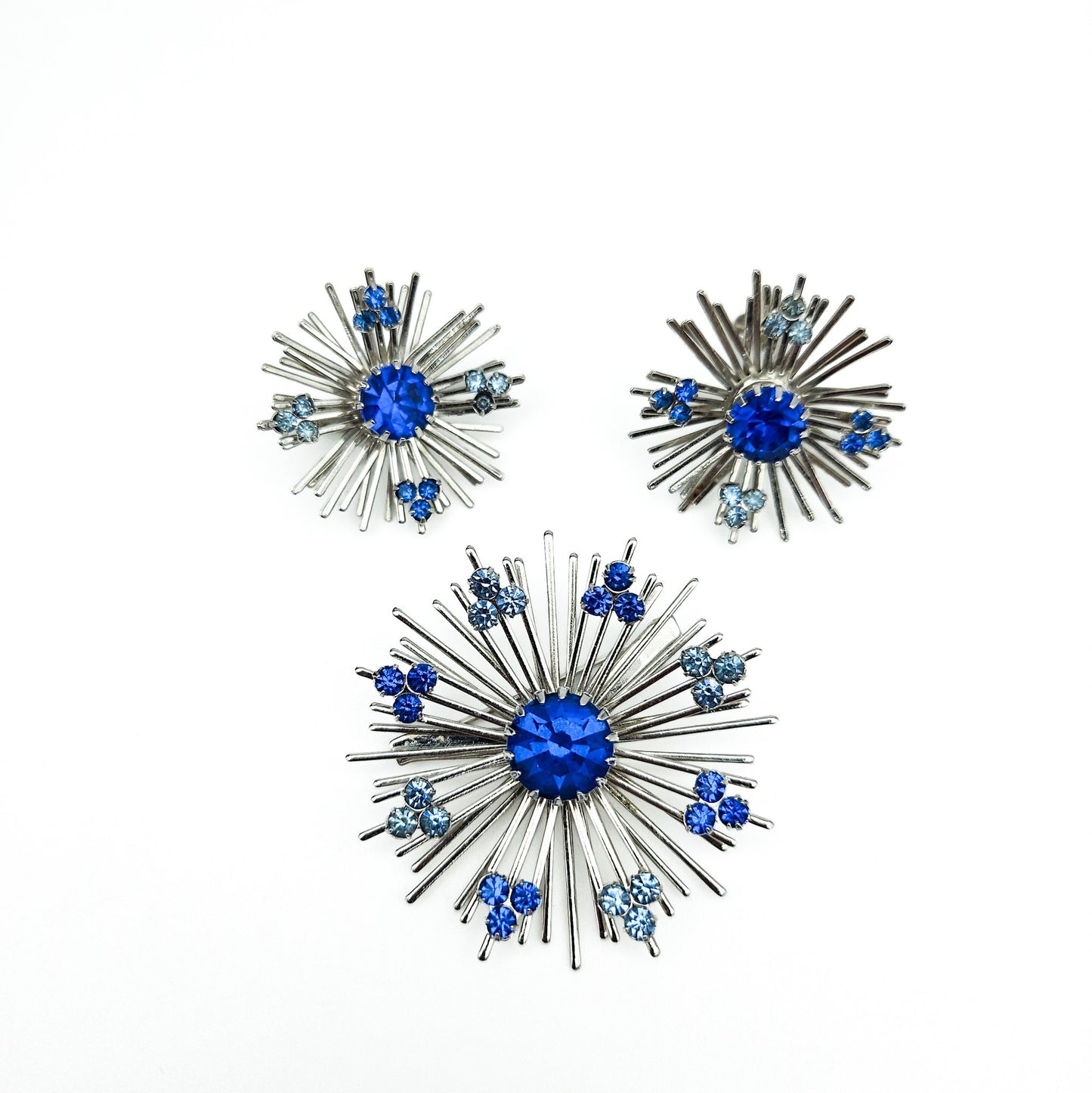 Sarah Coventry Blue Rhinestone Starburst Brooch & Earrings Set | Signed Mid-Century Jewelry