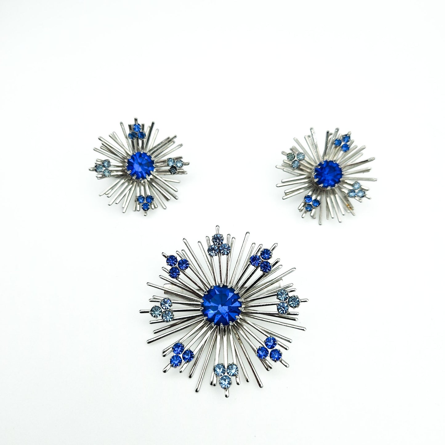 Sarah Coventry Blue Rhinestone Starburst Brooch & Earrings Set | Signed Mid-Century Jewelry