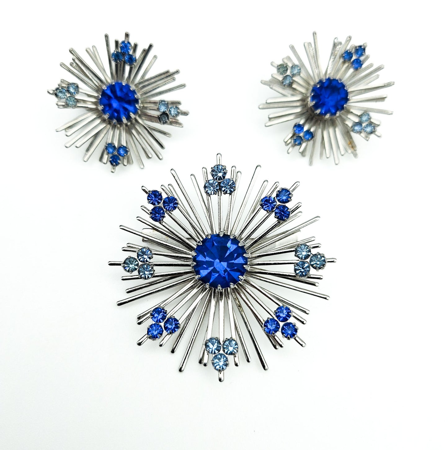 Sarah Coventry Blue Rhinestone Starburst Brooch & Earrings Set | Signed Mid-Century Jewelry