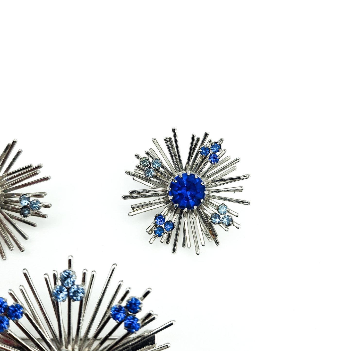 Sarah Coventry Blue Rhinestone Starburst Brooch & Earrings Set | Signed Mid-Century Jewelry