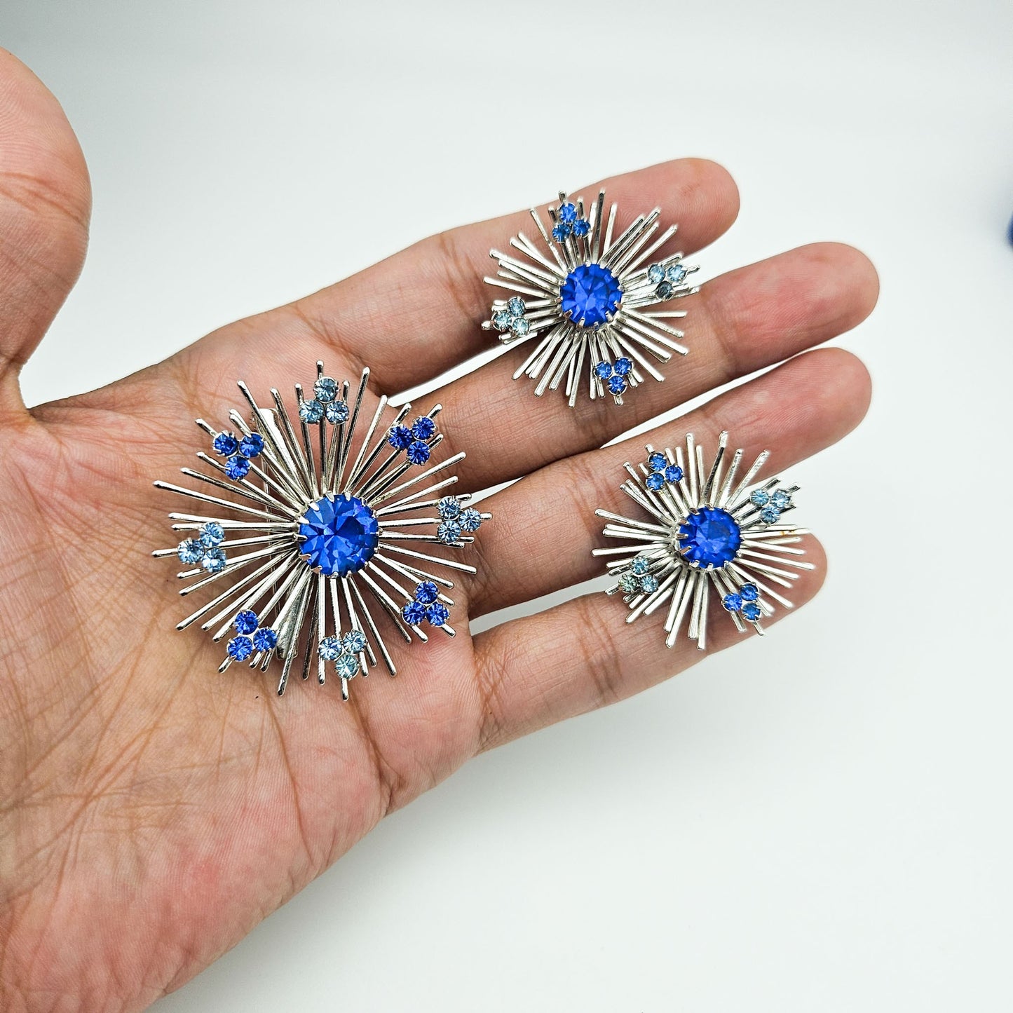 Sarah Coventry Blue Rhinestone Starburst Brooch & Earrings Set | Signed Mid-Century Jewelry