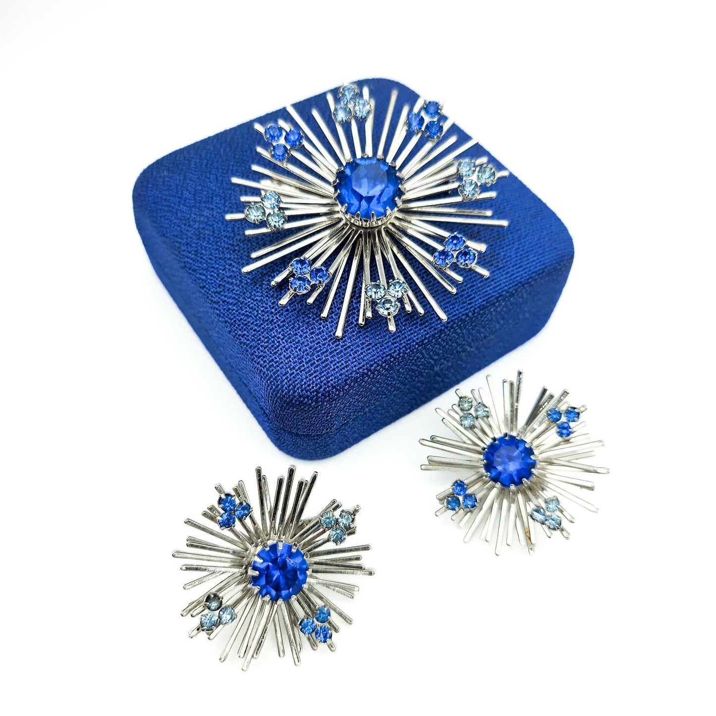 Sarah Coventry Blue Rhinestone Starburst Brooch & Earrings Set | Signed Mid-Century Jewelry