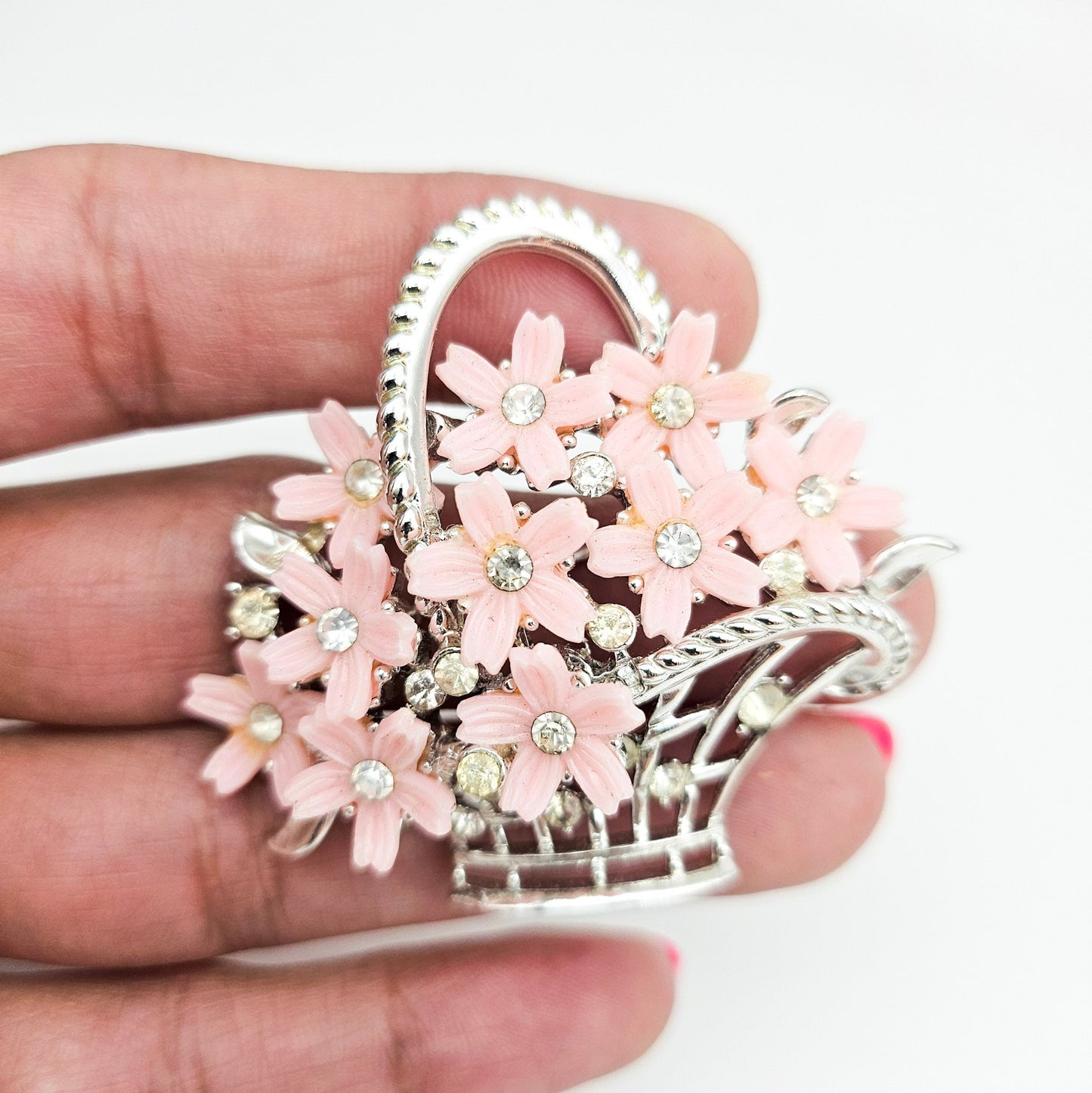 Lisner Signed Pink Flower Basket Brooch | Vintage Floral Jewelry